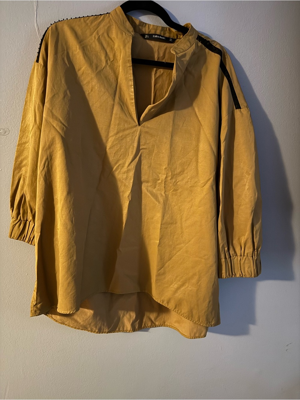 Zara Mustard Split V-Neck Long Sleeve Shirt with Shoulder Accent